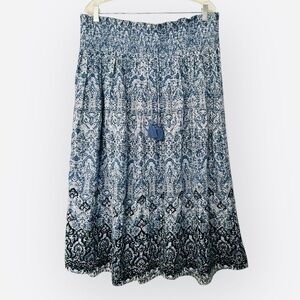 J. Jill Smocked Waist Printed Maxi Cotton Bohemian Skirt Tassels Blue White M